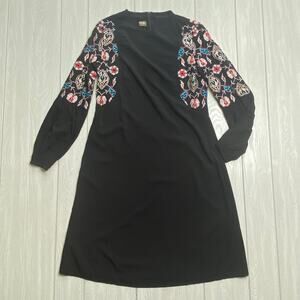 Shukr Women's Black Floral Embroidered Long Sleeve Dress Size Small